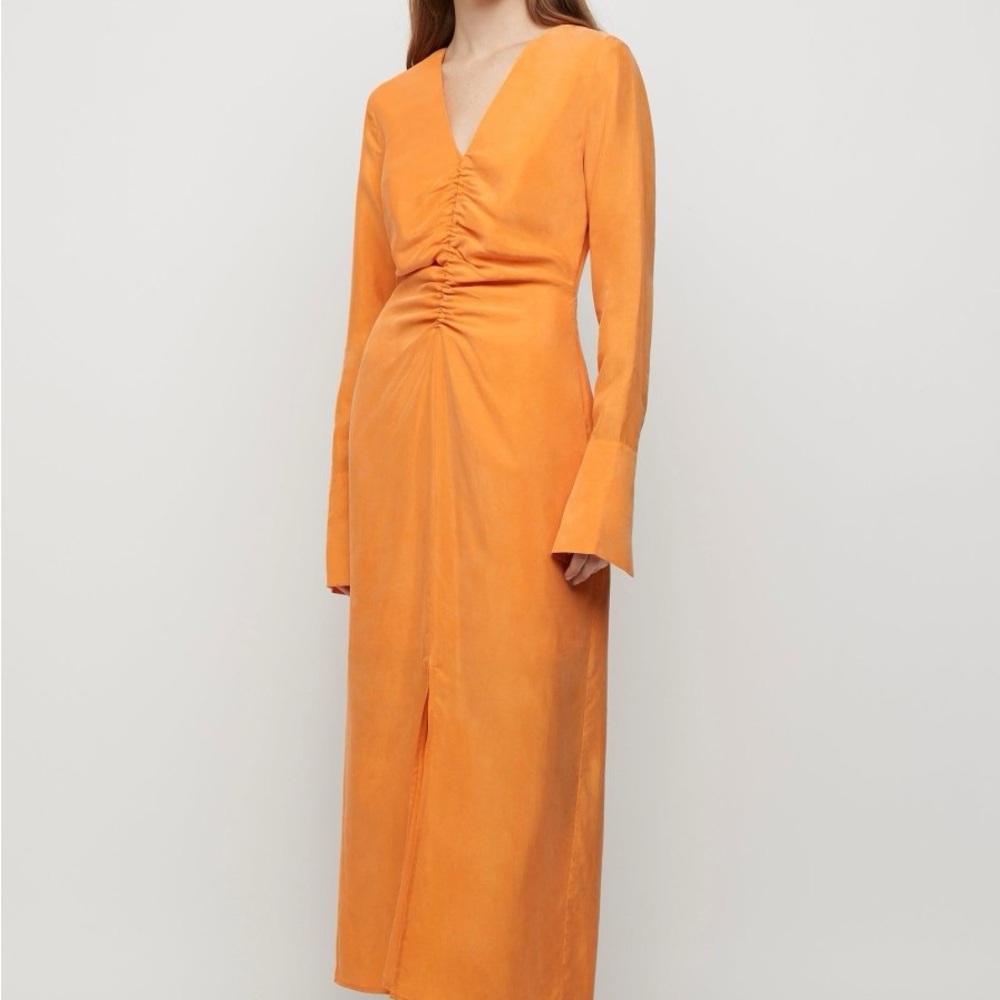 FRIEND of AUDREY Vibrant Orange Ruched Bell Sleeve Sheath Dress